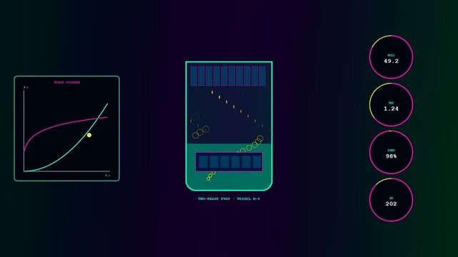 Digital displays showing immersion cooling cycles with floating particles moving within a vertical vessel alongside dynamic line graphs and data circles on a dark background