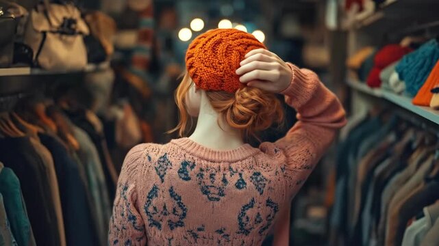Young caucasian woman shopping in clothing store wearing cozy sweater and orange knit hat
