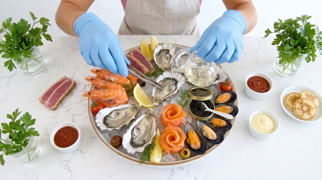 Top View of Chef Hands Arranging Grand Luxury Seafood Platter. Luxury Seafood Restaurant and Raw Bar Catering Banner with Copy Space