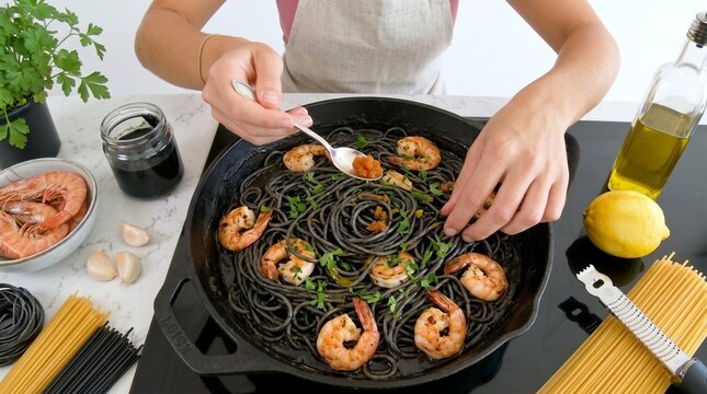 Top View of Cook Garnishing Squid Ink Spaghetti with Grilled Shrimp and Sea Urchin. Luxury Italian Gastronomy and Mediterranean Seafood Pasta Banner with Copy Space