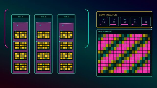 Digital immersion cooling data visual interface displays changing liquid levels and abstract grid saturation patterns on three separate monitor panels for server thermal monitoring