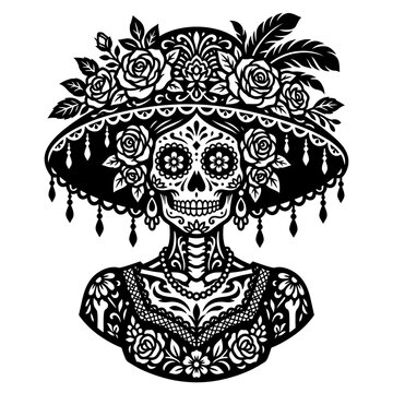 Mexican Day of the Dead La Catrina Skeleton Woman with Floral Hat and Roses Black and White Vector Illustration