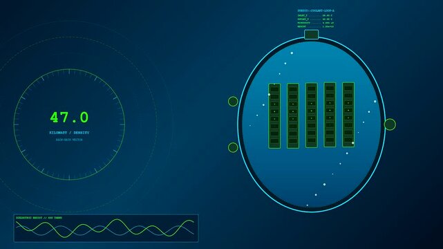 Digital immersion cooling interface showing power density metrics and fluctuating data waves in a simulated server environment displayed on a dark blue glowing computer screen