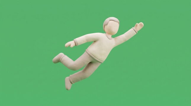 3D stylized human figure floating in a dynamic pose against a solid green background