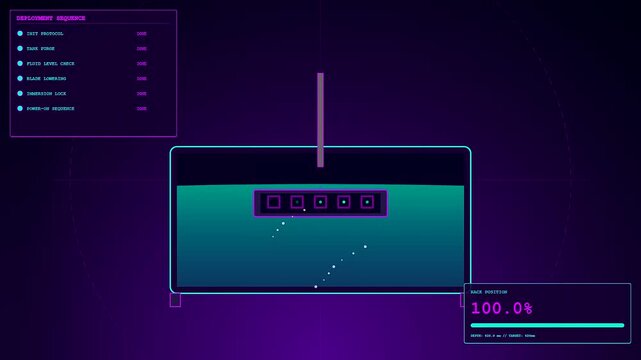 Digital visualization showing immersion cooling process within a server unit featuring a loading bar and movement of a metal bracket sinking into liquid coolant fluid