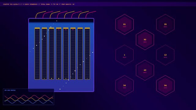 Digital immersion cooling interface showing changing thermal values on glowing hexagonal monitors while fluid processors circulate data streams in a dark virtual server computing room environment