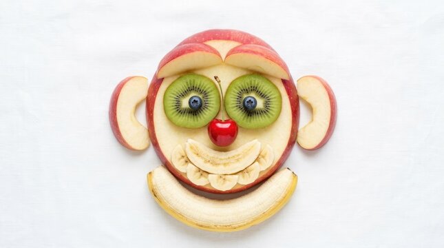 Funny monkey face made from fresh fruit slices including apple ears, kiwi eyes, cherry nose, banana mouth and teeth on a white paper background