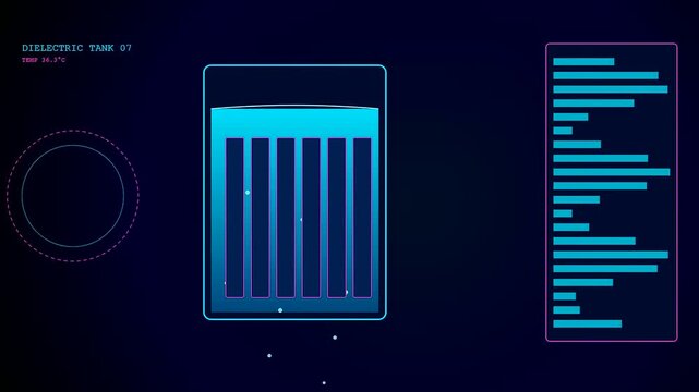 Digital displays showing immersion cooling processes for server systems featuring floating bubbles and shifting bars inside illuminated glass containers against a dark blue gradient backdrop