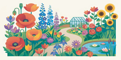 Obraz premium Lush Flower Garden Vector Illustration with Colorful Blooming Flora