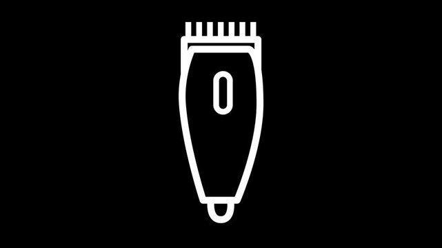 Animated white line art icon of a hair clipper on a black background. Perfect for barbershop or grooming concepts.
