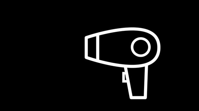 Animated white line art icon of a hair dryer blowing air, on a black background. Ideal for beauty salon concepts.