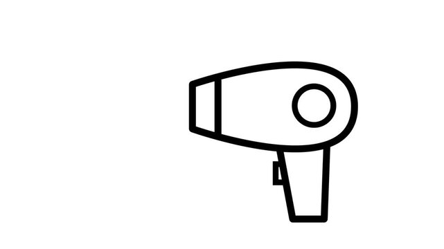 Animated black line art icon of a hair dryer blowing air, on a white background. Ideal for beauty salon concepts.