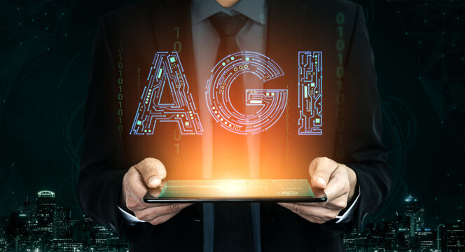 Business Professional Holding Tablet with AGI Concept in Futuristic City Background, Symbolizing Artificial Intelligence and Technology Innovation Haptic.