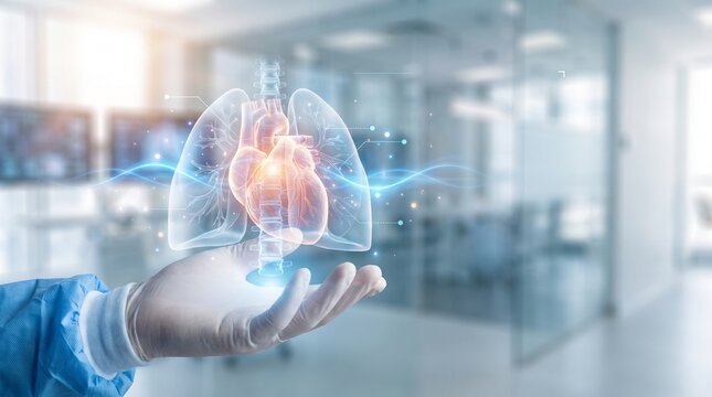Futuristic Medical Hologram of Human Heart and Lungs Displayed by Surgeon in Advanced Healthcare Research Facility