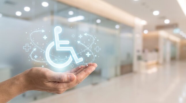Hand holding a glowing accessible disability symbol for inclusive medical facility healthcare services