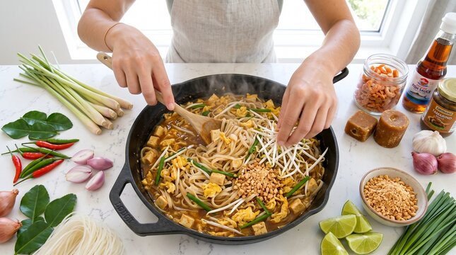 Top View of Cook Tossing Authentic Thai Pad Thai Noodles in Wok. Thai Gastronomy and Southeast Asian Street Food Culinary Banner with Copy Space