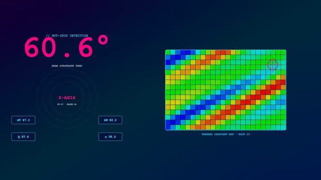 Monitoring immersion cooling thermal gradient data displays showing fluctuating temperature metrics and pixelated heat maps on a dark screen during server room performance evaluation testing sessions