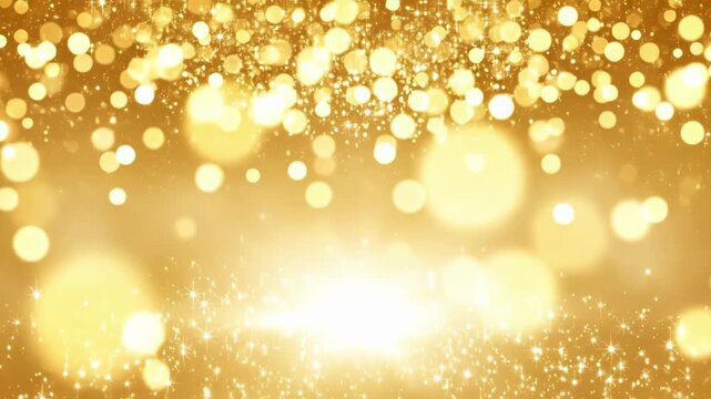 Golden glitter background with bright sparkling light bokeh and shimmering particles