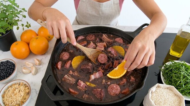 Top View of Cook Stirring Traditional Brazilian Feijoada in Cast Iron Pan. Brazilian Gastronomy and Traditional Culinary Recipe Concept Banner with Copy Space