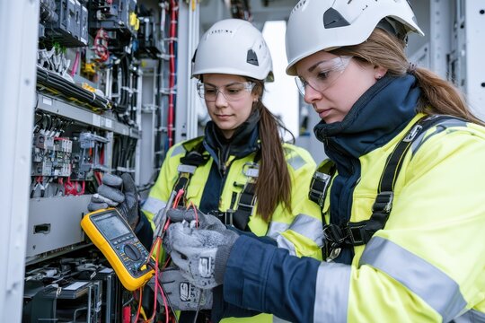 Electrical engineers and technicians using a multimeter to inspect and test circuits in an industrial control panel