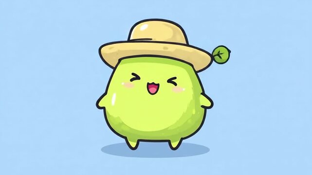 Cute green avocado character with straw hat and leaf on blue background