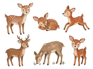 Obraz premium Set of cute cartoon deer and fawns standing, sleeping, jumping and grazing on transparent background. Watercolor woodland animals with spotted coats in brown tones.