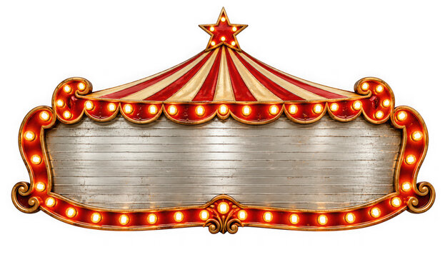 Vintage circus marquee sign with glowing lights isolated on transparent background