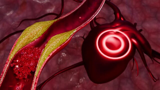 Fat and Cholesterol Plaque Inside Artery Reducing Blood Flow with Red Blood Cells Showing Blocked Blood Vessel and Heart Health Problem 3D Rendering
