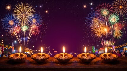 Obraz premium Beautiful festive background with glowing oil lamps and colorful fireworks celebrating the traditional indian festival happy diwali