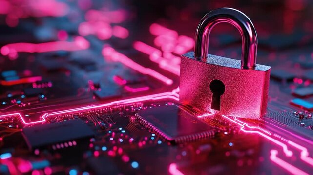 Secure cyber circuit with locked chip safeguarding data integrity in neon glow