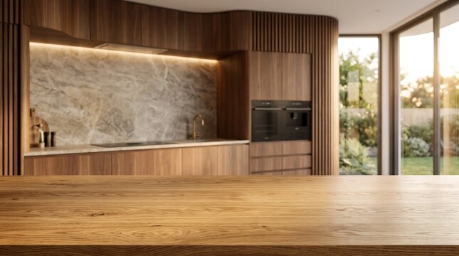 Golden Oak Tabletop in a Contemporary Designer Kitchen with Curved Walnut Cabinetry and Natural Stone