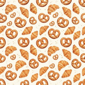 Seamless pattern of golden baked croissants and pretzels for food packaging and branding design