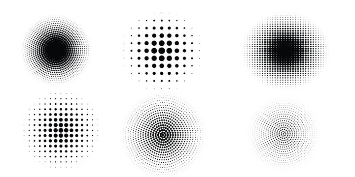 Set of halftone dots gradient pattern texture isolated on white background. Straight dotted spots using halftone circle dot raster texture. Vector blot half tone collection.