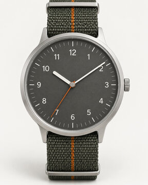 Minimalist analog wristwatch with dark grey dial and striped fabric strap