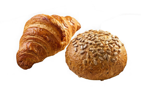 Fresh croissant and sunflower seed bread roll isolated on transparent background