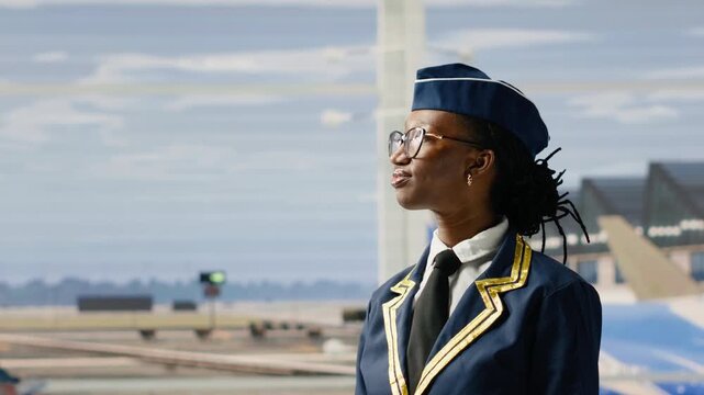 Confident woman air hostess standing inside airport terminal, smiling in uniform near gate, highlighting professionalism, reliable airline service, cabin crew, crew member and flight attendant.
