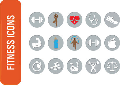 Set of flat fitness and healthy lifestyle icons on grey circles