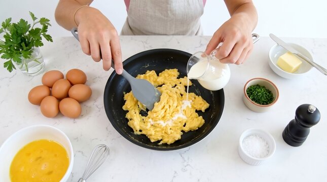 Top View of Cook Preparing Fluffy Scrambled Eggs in Frying Pan. Morning Breakfast Preparation and Homemade Scrambled Eggs Banner with Copy Space
