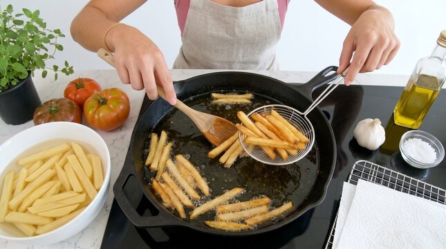 Top View of Cook Lifting Crispy Golden French Fries with Mesh Skimmer. Crispy Potato French Fries Preparation and Fast Food Culinary Banner with Copy Space