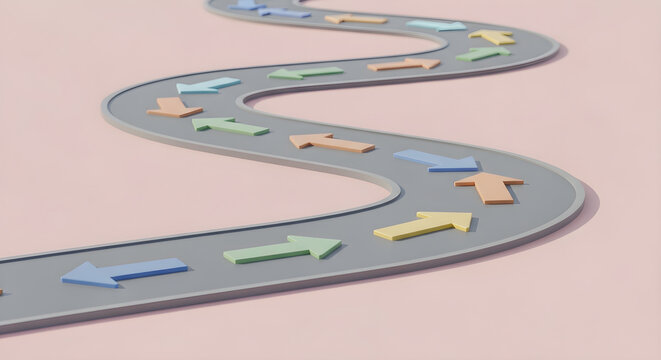 Winding path with colorful arrows pointing in many directions-choice and decision making concept