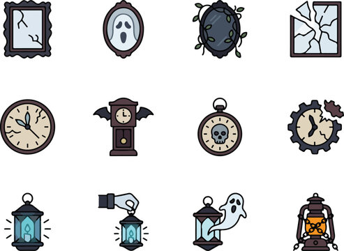 Vintage-style icon set featuring antique timepieces, compasses, and gears for travel and adventure branding
