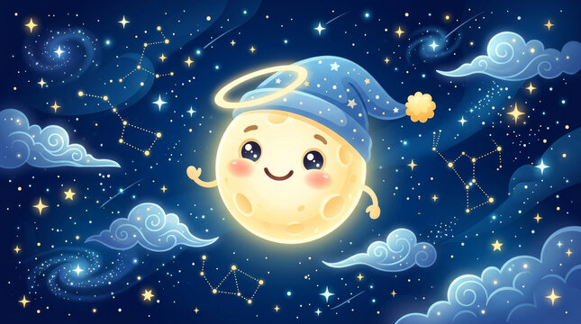Cheerful moon character wearing a nightcap in a starry sky  
