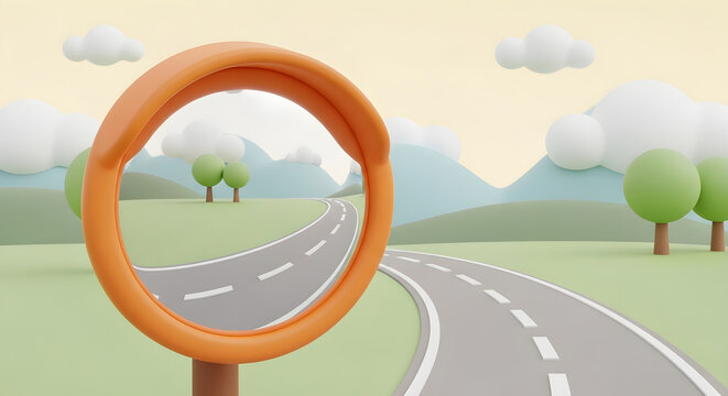 3D cartoon landscape with winding road and convex mirror