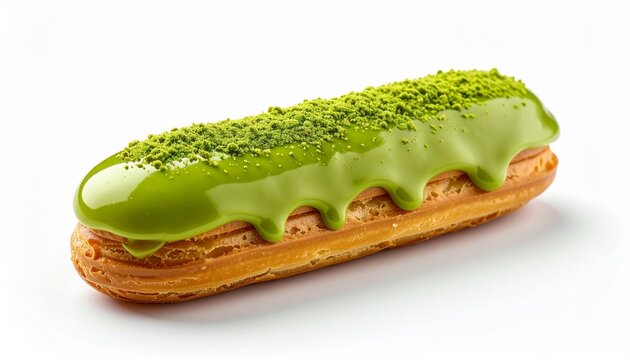sweet baked eclair pastry topped with green matcha icing glaze