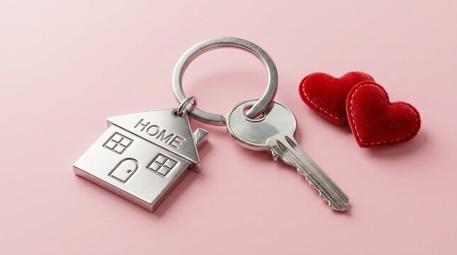 Silver house shaped keychain with metal keys resting beside two small red plush fabric hearts on a smooth light pink surface captured in natural lighting