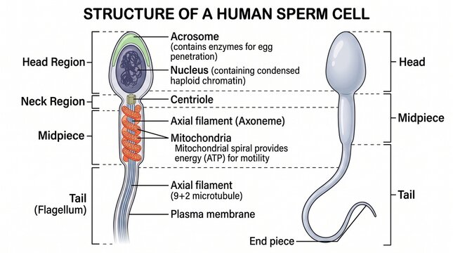 Scientific diagram of human sperm cell structure and anatomy