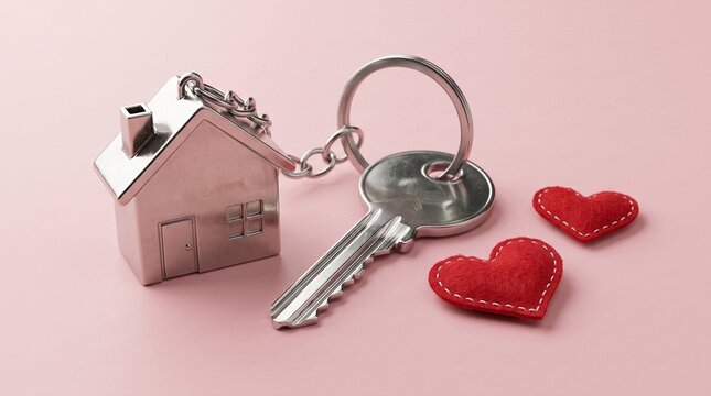 Silver house shaped keychain with metal door key and two small soft fabric red hearts resting on a light pink background representing home sweet home