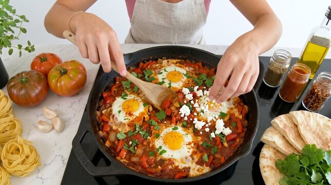 Top View of Cook Garnishing Homemade Shakshuka with Feta Cheese and Herbs. Middle Eastern Gastronomy and Savory Brunch Culinary Concept Banner with Copy Space