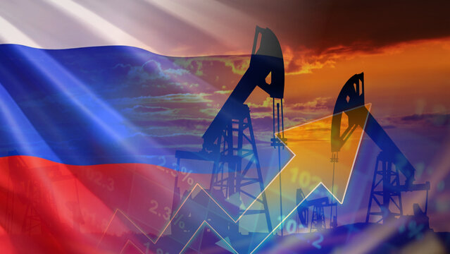 Russia's growing oil production industry and energy sector expansion, featuring oil pump jacks operating at sunset, a superimposed Russian national flag, and concepts of rising commodity prices. 