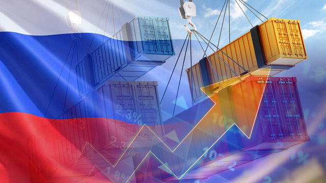 Russia's shipping container logistics industry and global freight trade growth, featuring multi-colored cargo containers being hoisted by cranes, a superimposed Russian national flag, and concepts 